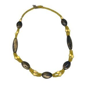 beaded yellow brown white costume necklace jewelry clasp closer READ